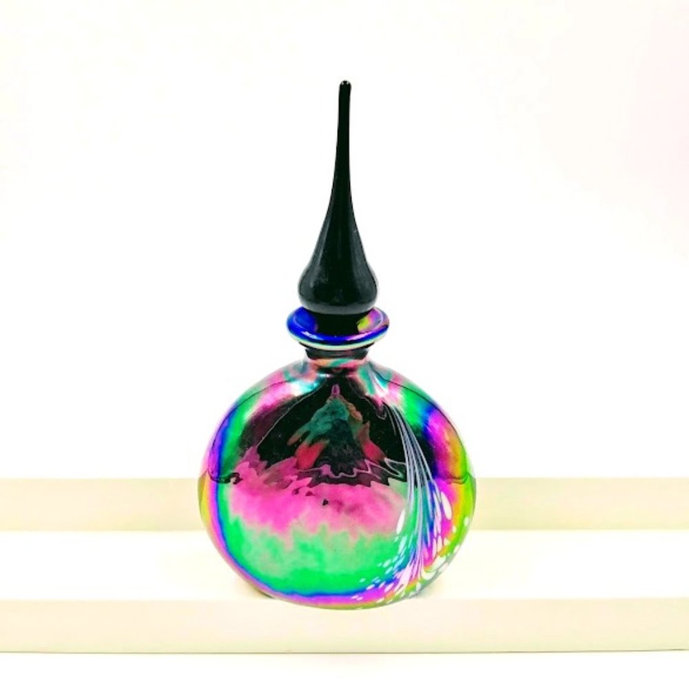 PERFUME BOTTLE/DECANTER* HANDBLOWN ART GLASS* IRIDESCENT COBAL BLUE*STUNNING*